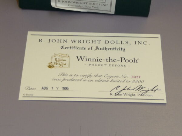R John Wright Dolls Pocket Eeyore Certificate of Authenticity
