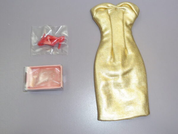 Dressmaker Details Couture Gold Dress w/Red & Clear Shoes