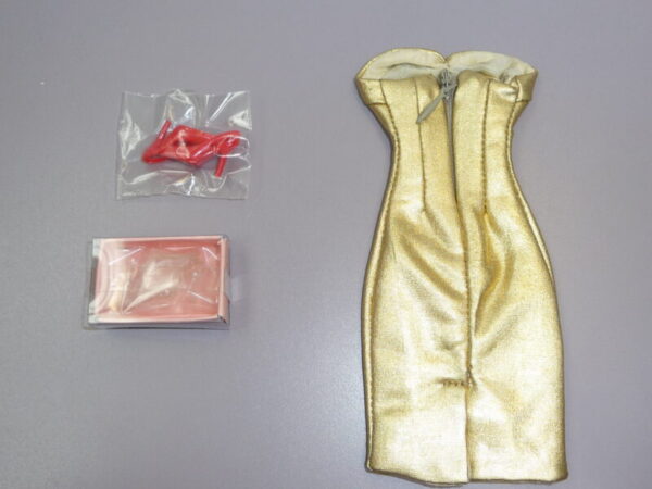 Dressmaker Details Couture Gold Dress w/Red & Clear Shoes - Image 3
